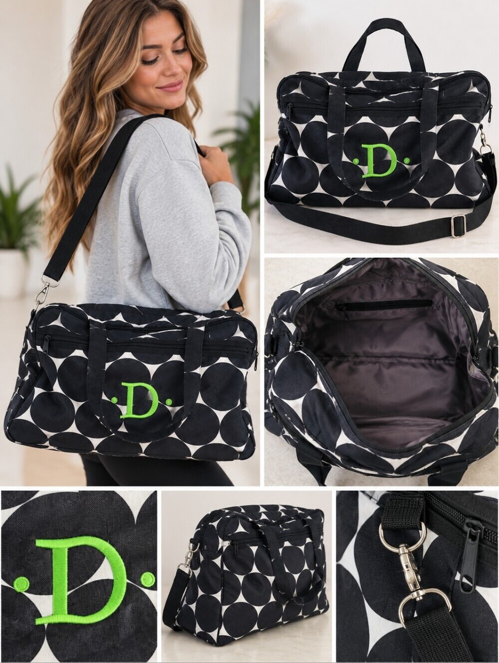thirty-one Black & White Circle Print Weekender with Green Monogram